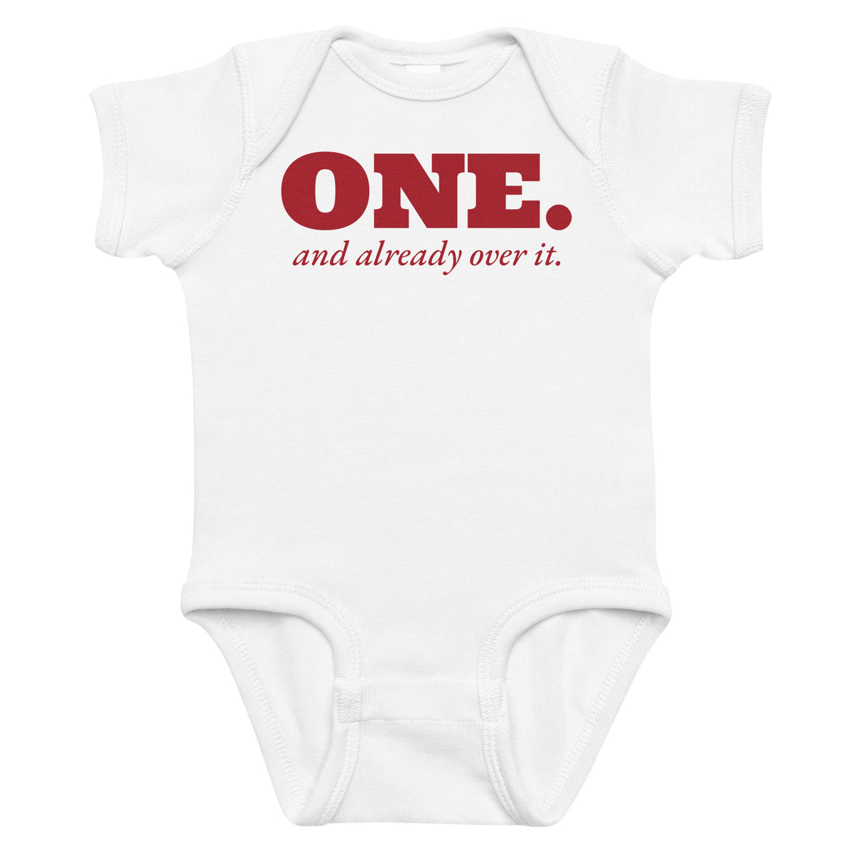 White baby bodysuit with 12 Months Experience printed in red on the front