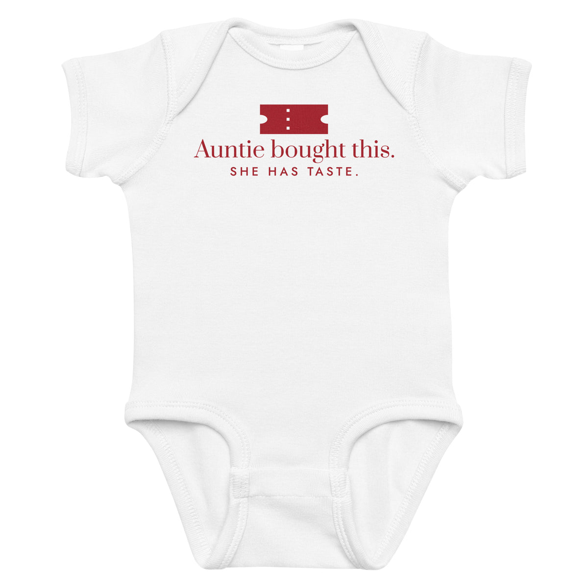 White baby bodysuit with Auntie Bought This. She Has Taste. printed in red on the front