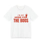 White oversized t shirt with I'm Just Here For The Boos printed in red on the front