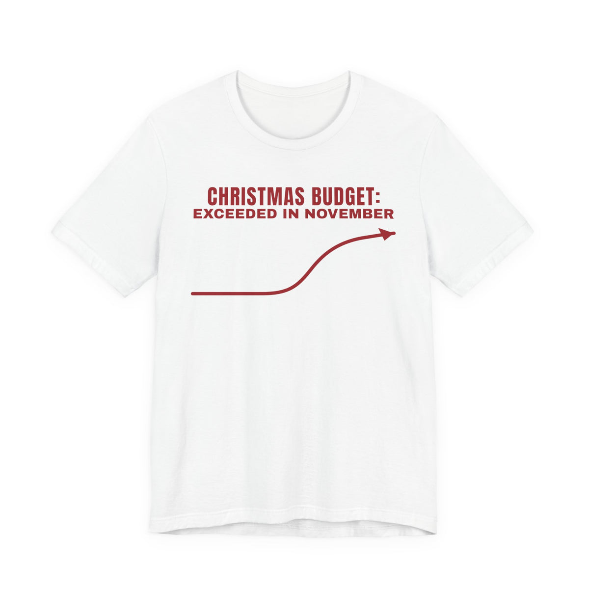 Front of a white t shirt with Christmas Budget: Exceeded In November printed in red