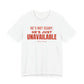 White oversized t shirt with He's Not Scary, He's Just Unavailable printed in red on the front