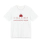 Front of a white t shirt with Cake First, Conversation Maybe printed in red