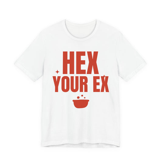 White oversized t shirt with Hex Your Ex printed in red on the front