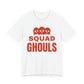 White oversized t shirt with Squad Ghouls printed in red on the front