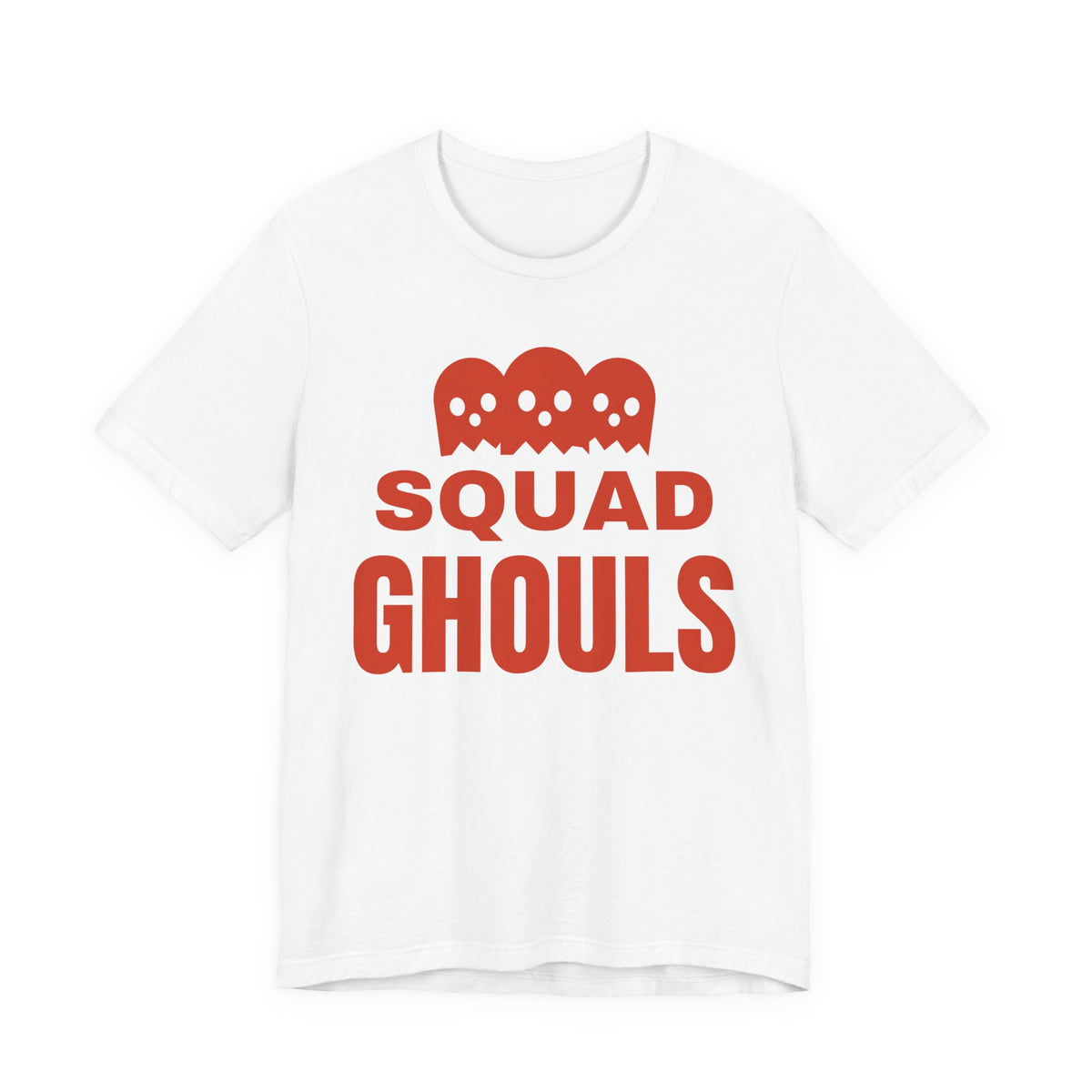 White oversized t shirt with Squad Ghouls printed in red on the front