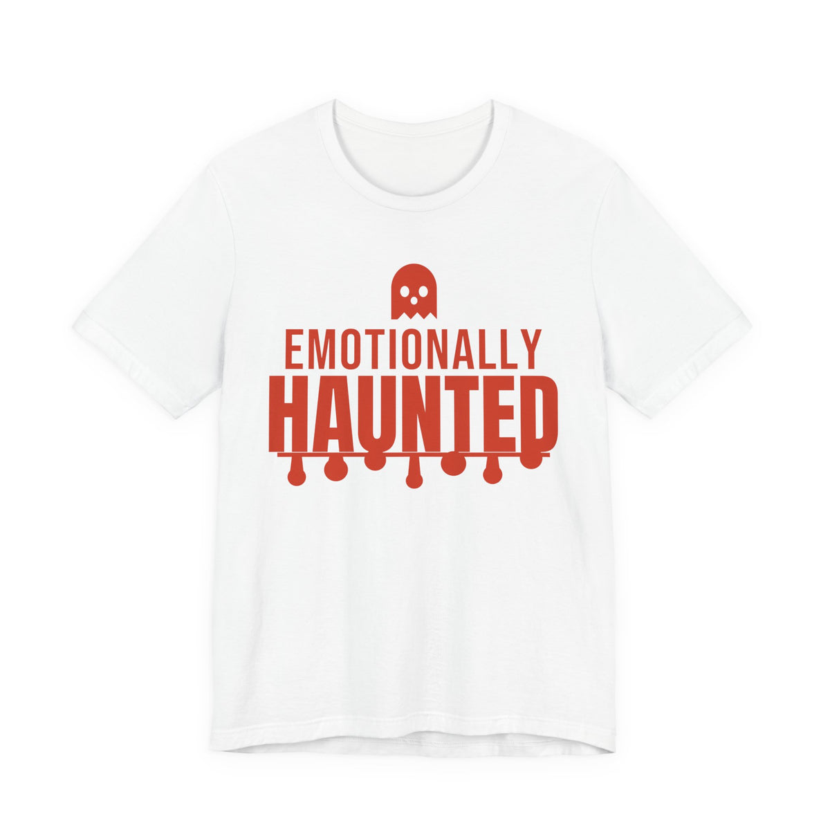 White oversized t shirt with Emotionally Haunted printed in red on the front