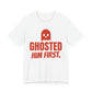 White oversized t shirt with Ghosted Him First. printed in red on the front