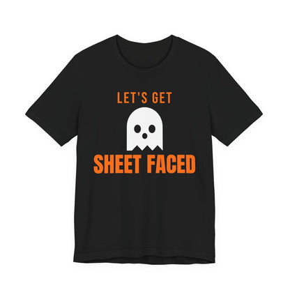 Black oversized t shirt with Let's Get Sheet Faced printed in orange on the front