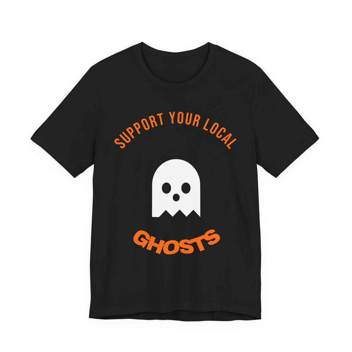 Black oversized t shirt with Support Your Local Ghosts printed in orange on the front