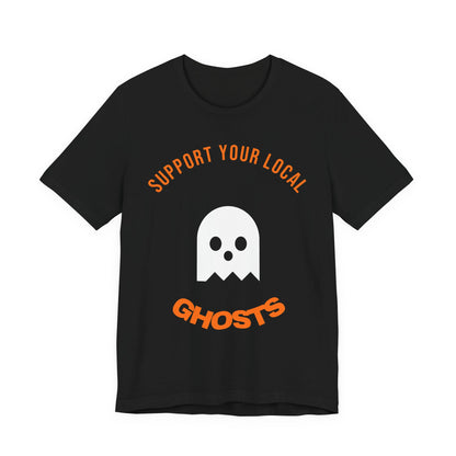 Black oversized t shirt with Support Your Local Ghosts printed in orange on the front