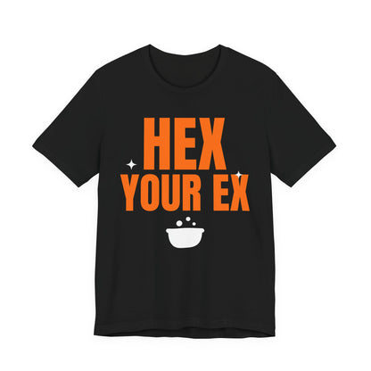 Black oversized t shirt with Hex Your Ex printed in orange on the front