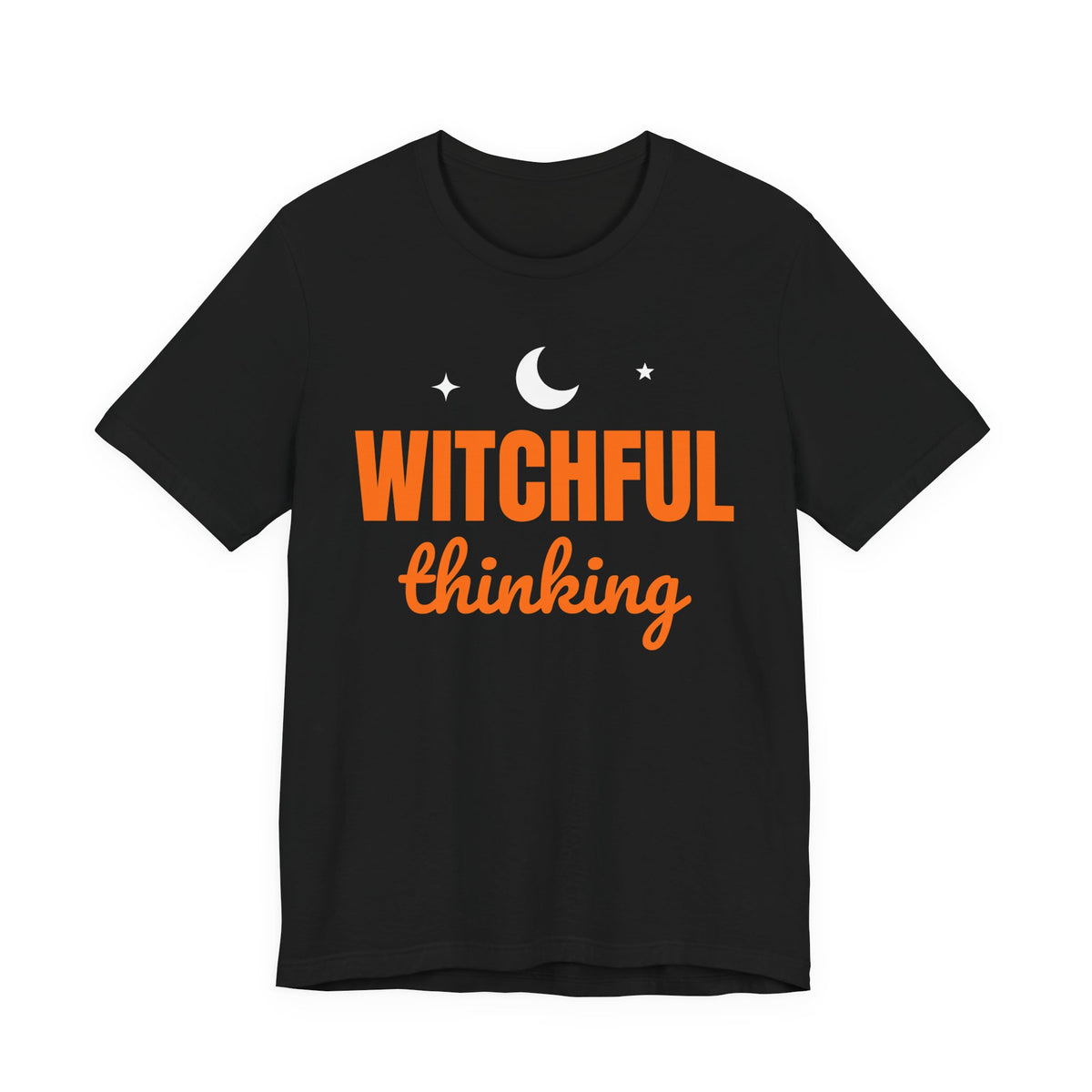 Black oversized t shirt with Witchful Thinking printed in orange on the front