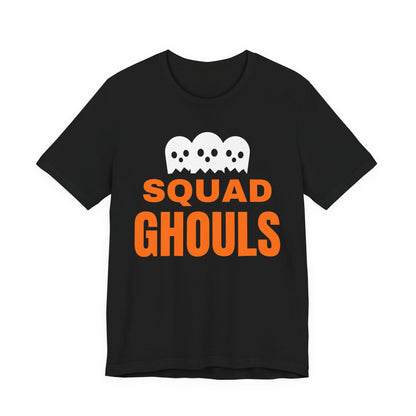 Black oversized t shirt with Squad Ghouls printed in orange on the front