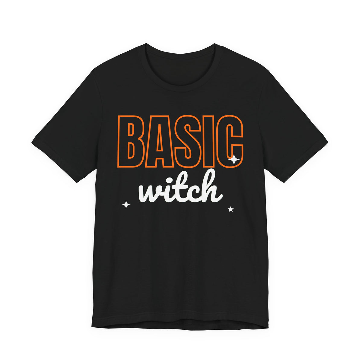 Black oversized t shirt with Basic Witch printed in orange on the front