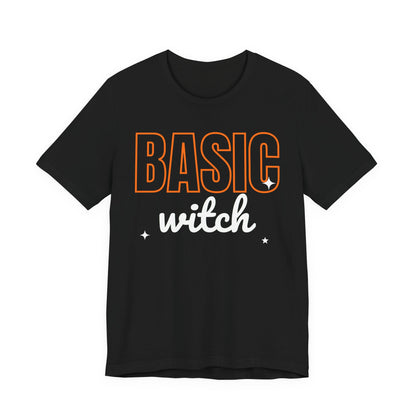 Black oversized t shirt with Basic Witch printed in orange on the front