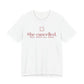 Front of a white t shirt with She Cancelled. Best News All Week. printed in red