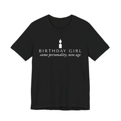 Front of a black t shirt with Birthday Girl printed in white