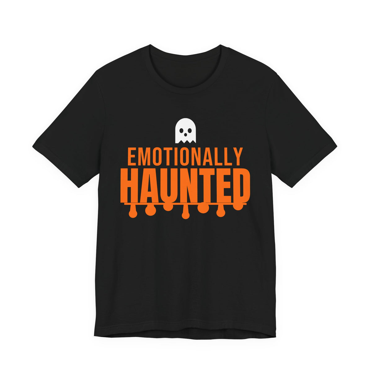 Black oversized t shirt with Emotionally Haunted printed in orange on the front