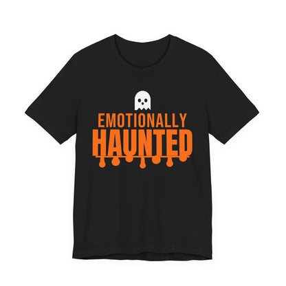 Black oversized t shirt with Emotionally Haunted printed in orange on the front
