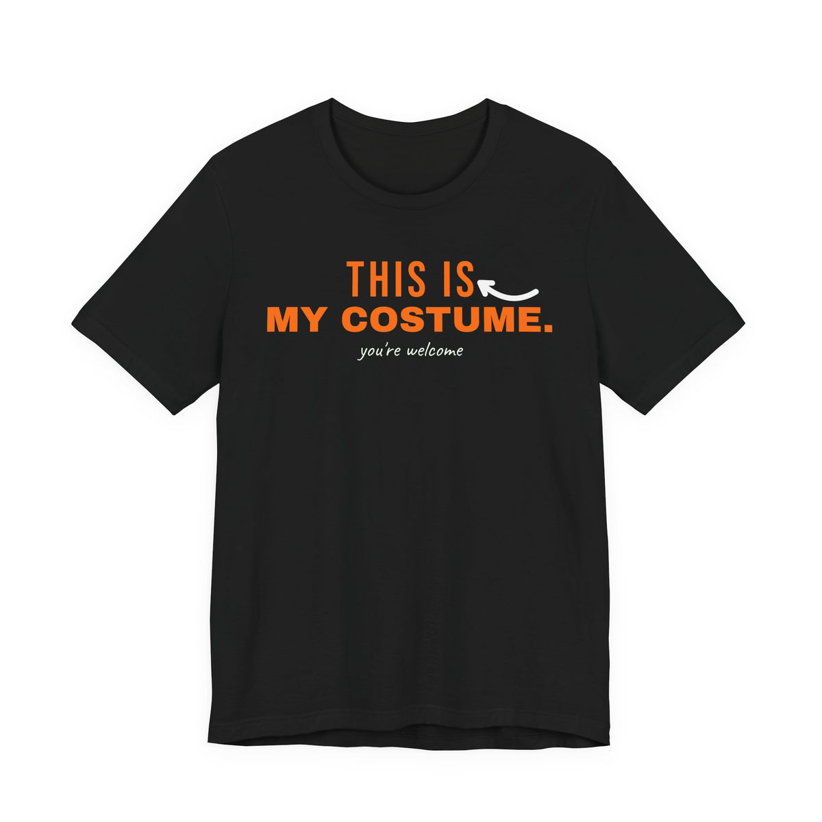 Black oversized t shirt with This Is My Costume. printed in orange on the front