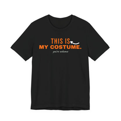 Black oversized t shirt with This Is My Costume. printed in orange on the front