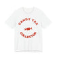 White oversized t shirt with Candy Tax Collector printed in red on the front