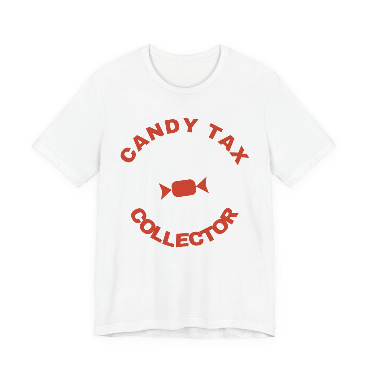 White oversized t shirt with Candy Tax Collector printed in red on the front