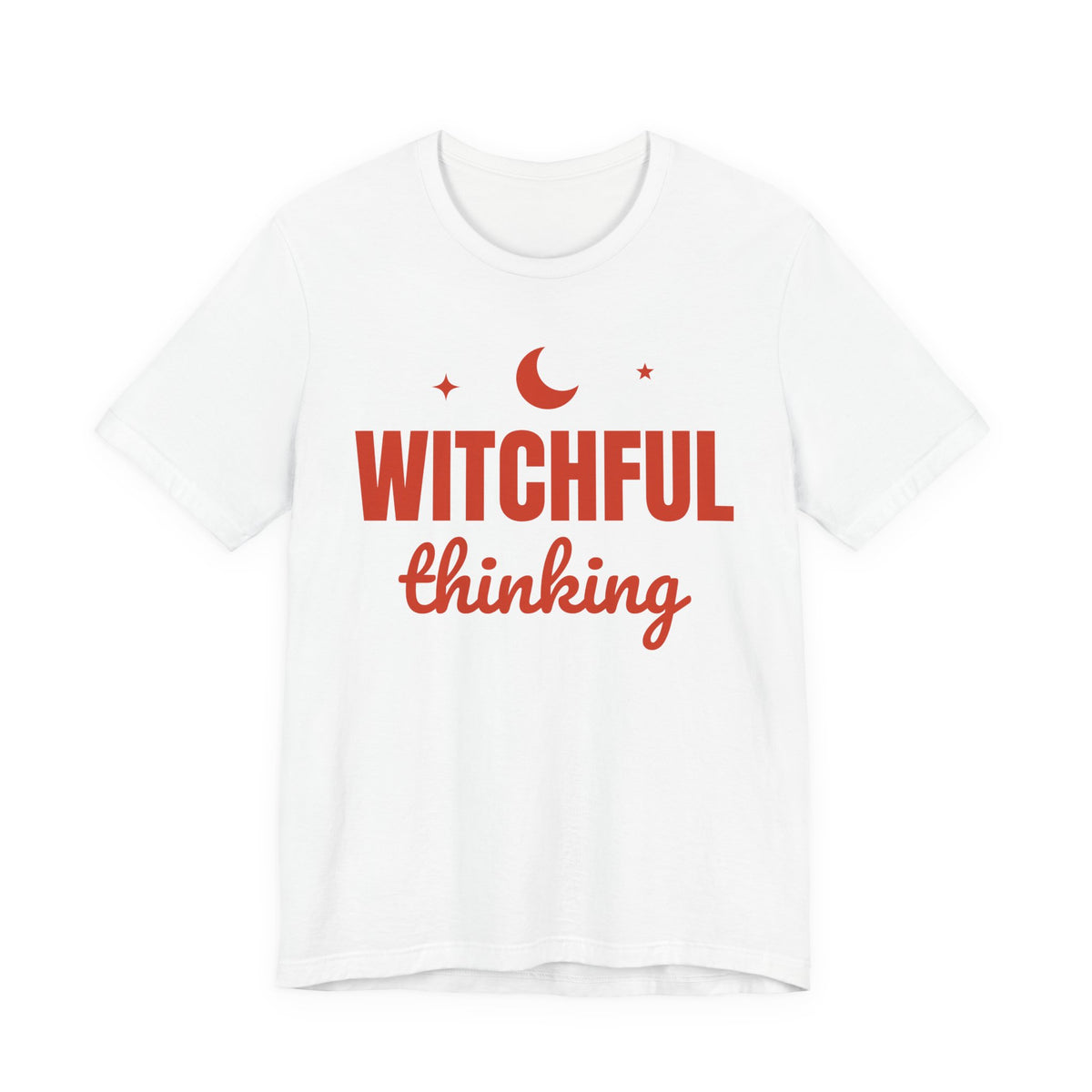 White oversized t shirt with Witchful Thinking printed in red on the front