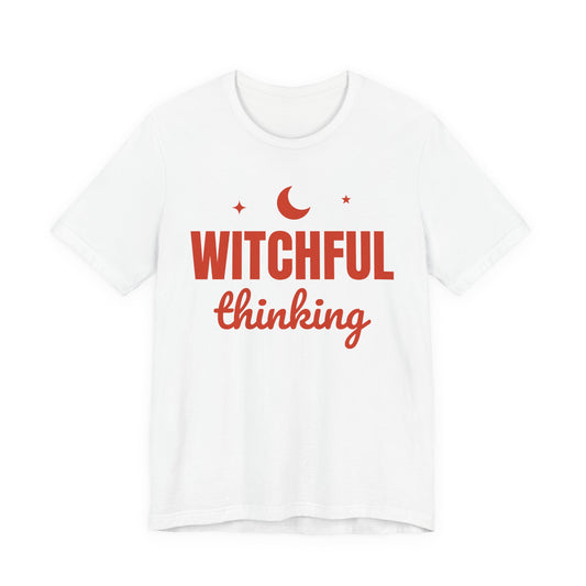 White oversized t shirt with Witchful Thinking printed in red on the front
