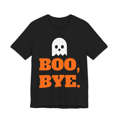 Black oversized t shirt with Boo, Bye. printed in orange on the front
