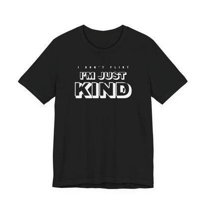 Woman wearing a black oversized t shirt with "I Don't Flirt, I'm Just Kind" printed on the front, retro 3d design