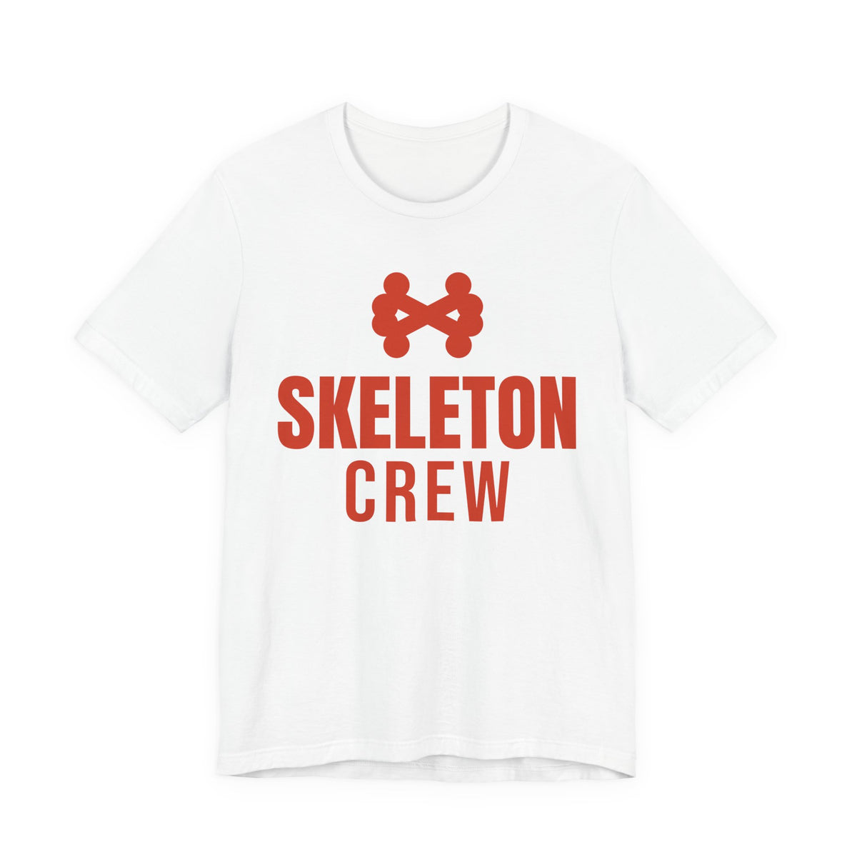 White oversized t shirt with Skeleton Crew printed in red on the front