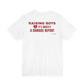 Back of a white t shirt with Raising Boys It's Mostly A Damage Report printed in red
