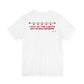 Back of a white t shirt with I Put Up The Lights That's My Whole Contribution printed in red