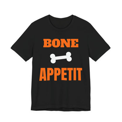 Black oversized t shirt with Bone Appetit printed in orange on the front