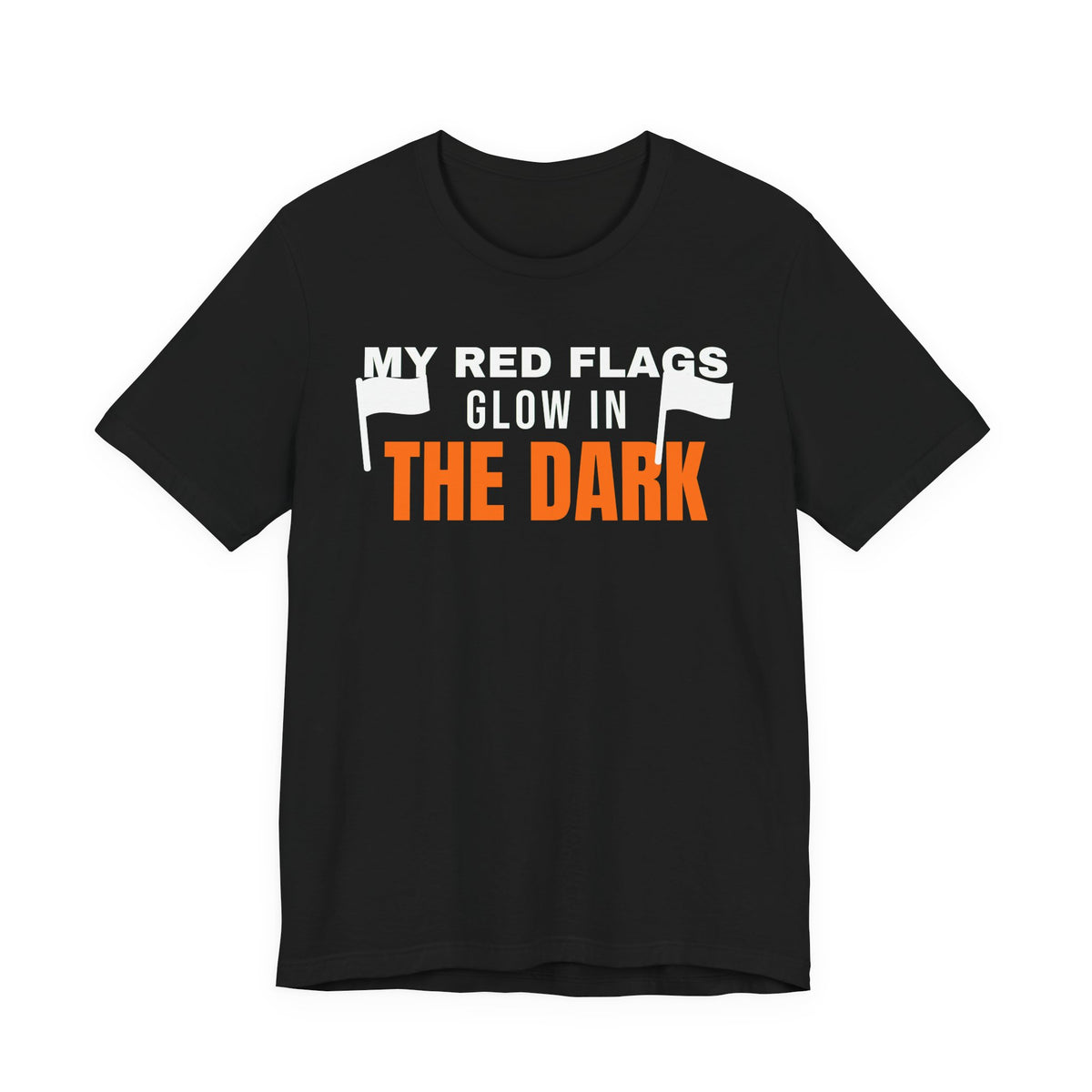 Black oversized t shirt with My Red Flags Glow In The Dark printed in orange on the front
