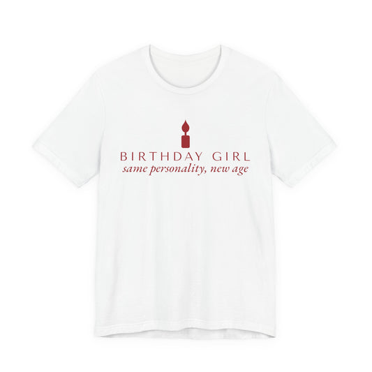 Front of a white t shirt with Birthday Girl printed in red