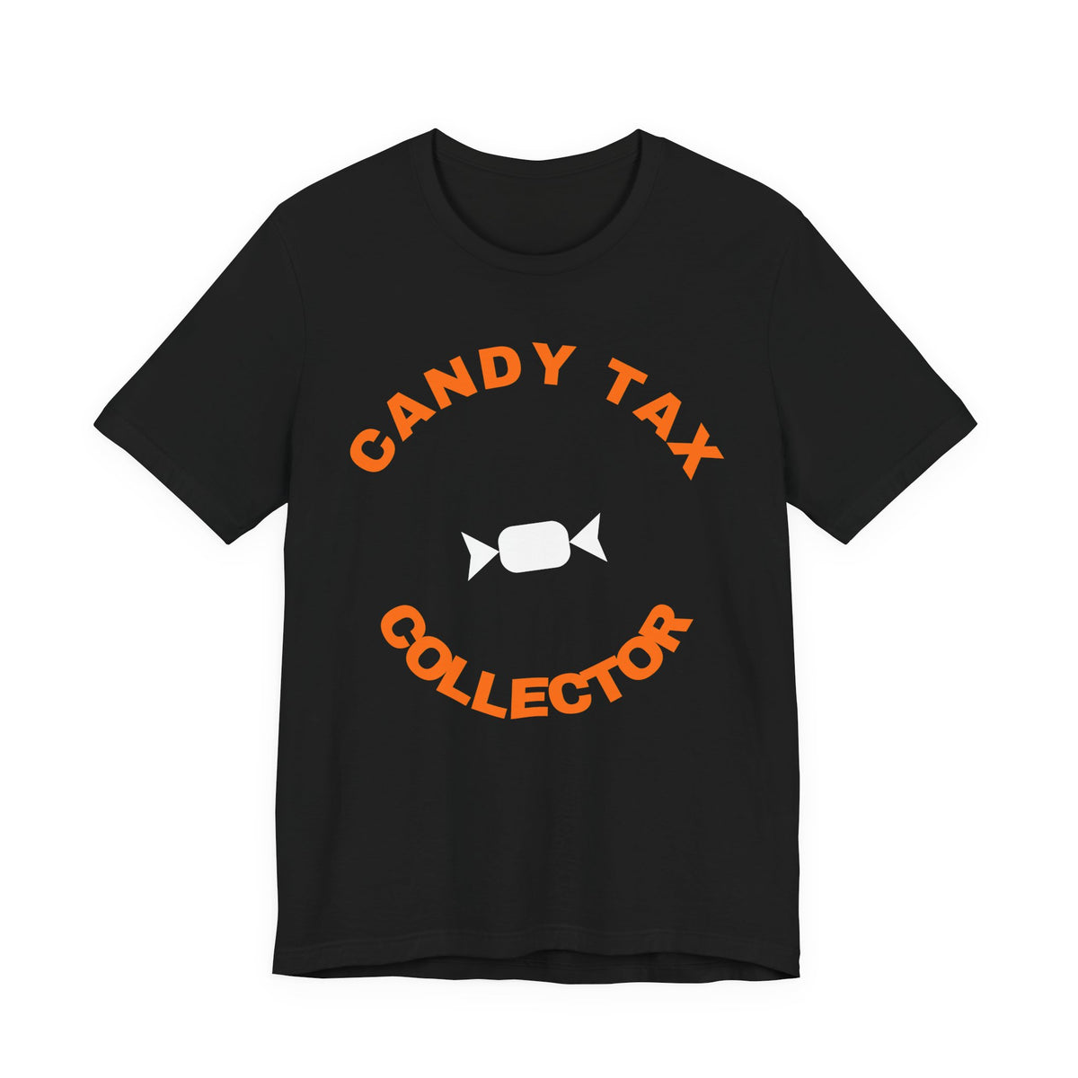 Black oversized t shirt with Candy Tax Collector printed in orange on the front