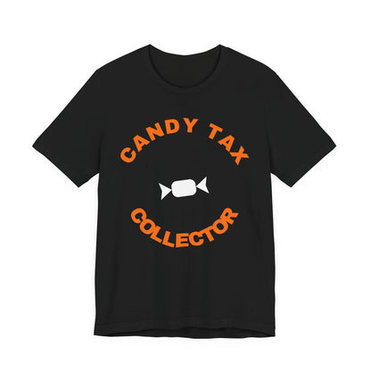 Black oversized t shirt with Candy Tax Collector printed in orange on the front