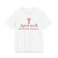 Front of a white t shirt with Aged Well. Behaved Poorly. printed in red