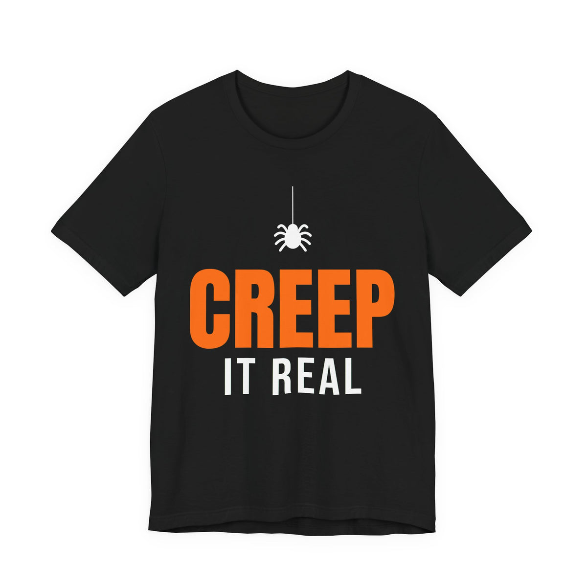 Black oversized t shirt with Creep It Real printed in orange on the front