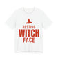 White oversized t shirt with Resting Witch Face printed in red on the front
