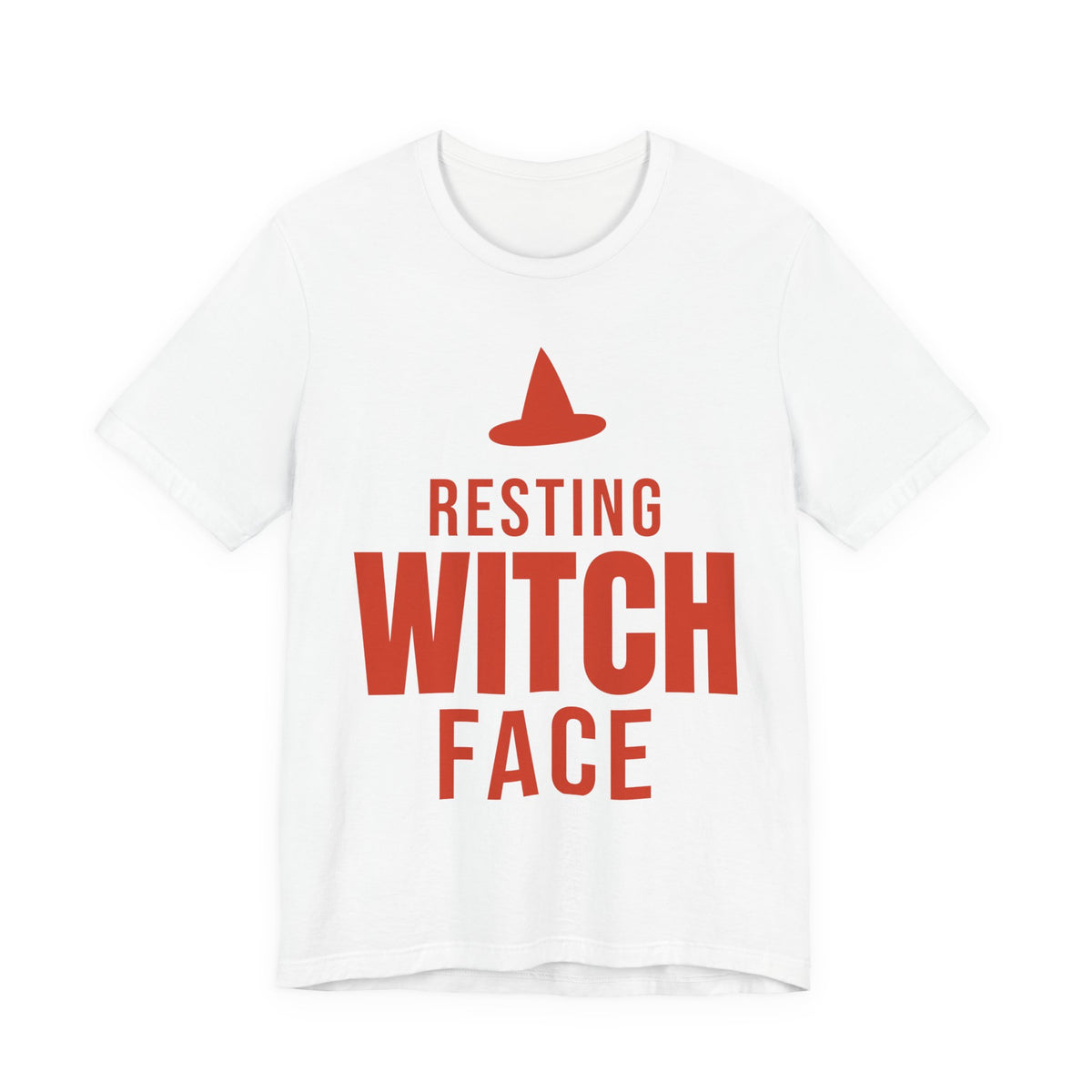 White oversized t shirt with Resting Witch Face printed in red on the front