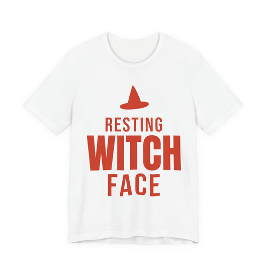 White oversized t shirt with Resting Witch Face printed in red on the front
