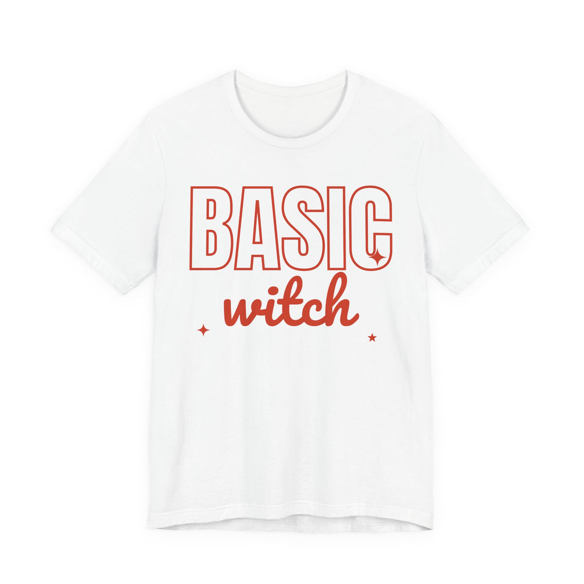 White oversized t shirt with Basic Witch printed in red on the front
