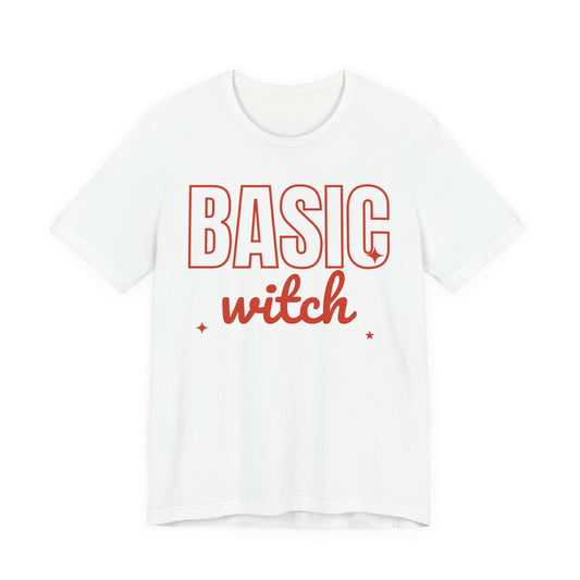 White oversized t shirt with Basic Witch printed in red on the front
