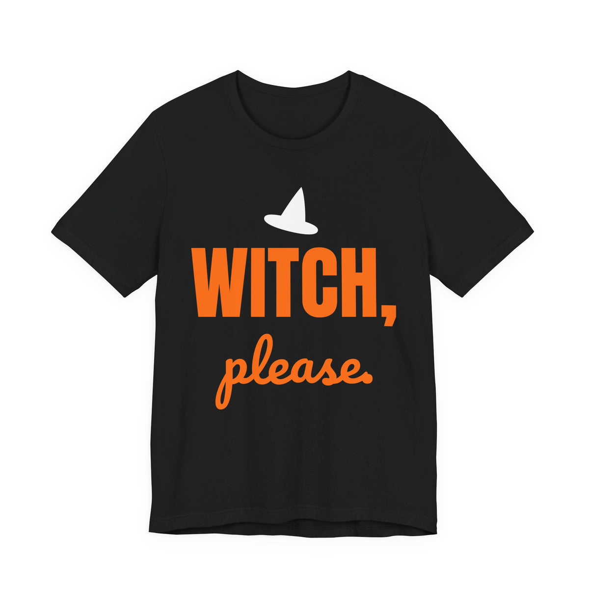 Black oversized t shirt with Witch, Please. printed in orange on the front