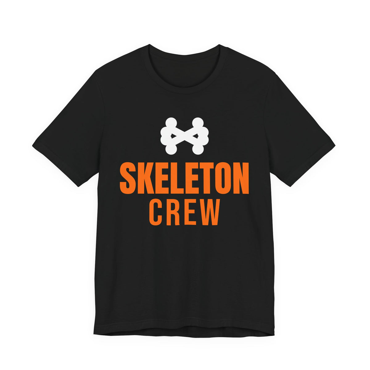 Black oversized t shirt with Skeleton Crew printed in orange on the front