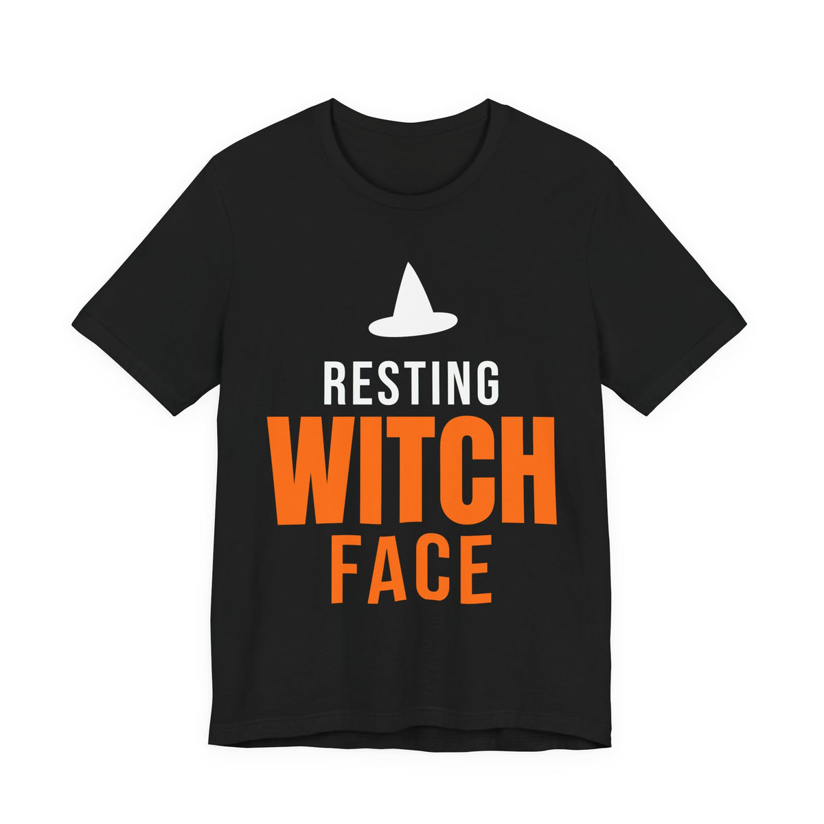 Black oversized t shirt with Resting Witch Face printed in orange on the front