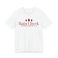 Front of a white t shirt with Rain Check, Permanently printed in red